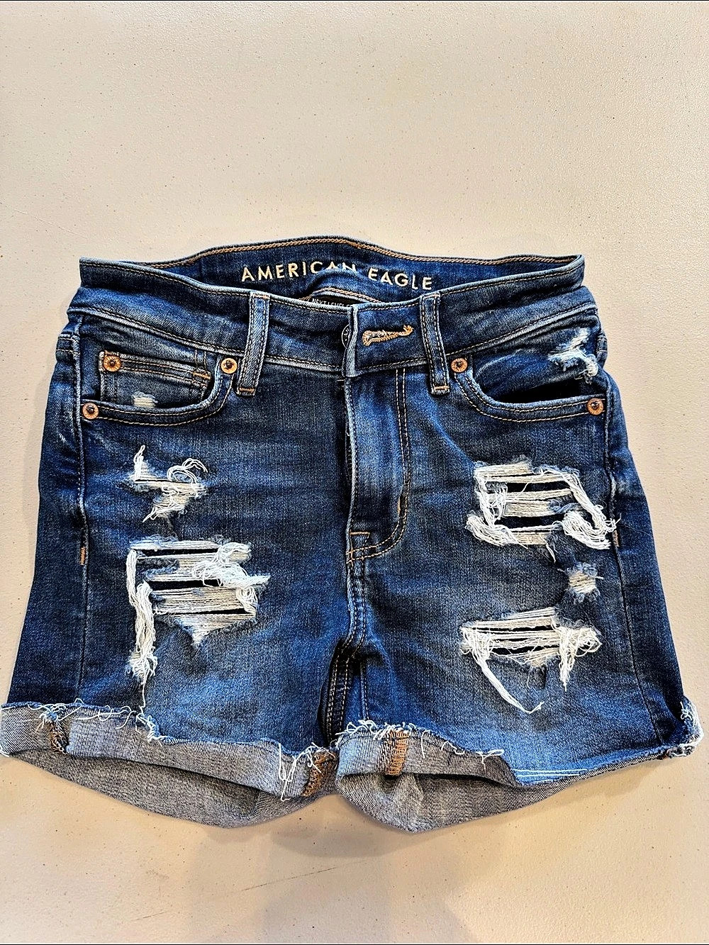 American Eagle Distressed Denim Jean Shorts in Blue